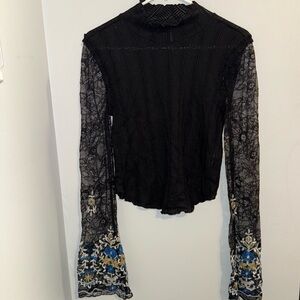 Free People Black Lace Blouse with Blue Floral Sleeves